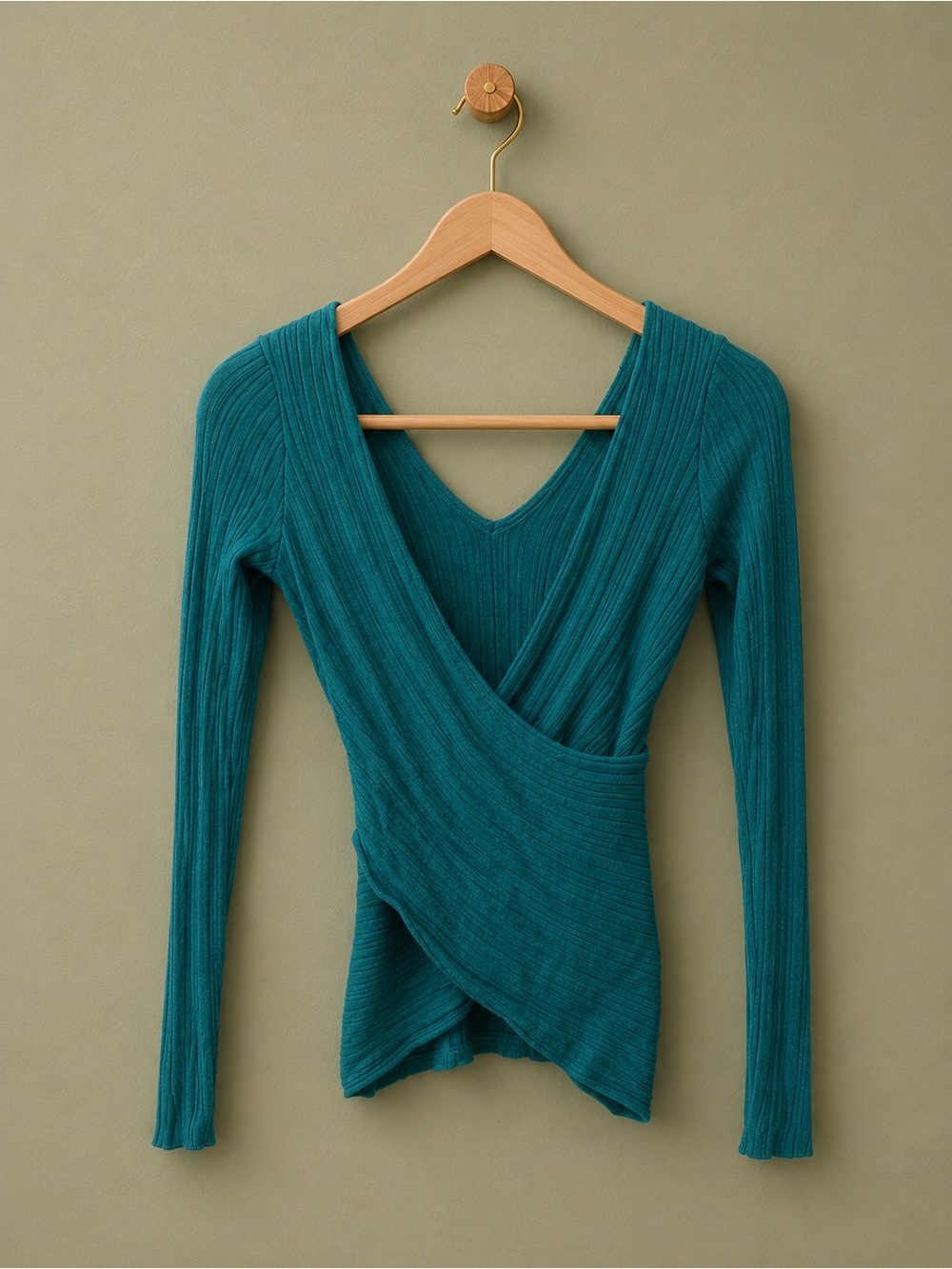 GUESS Teal Ribbed Wrap V-Neck Long-Sleeve Top